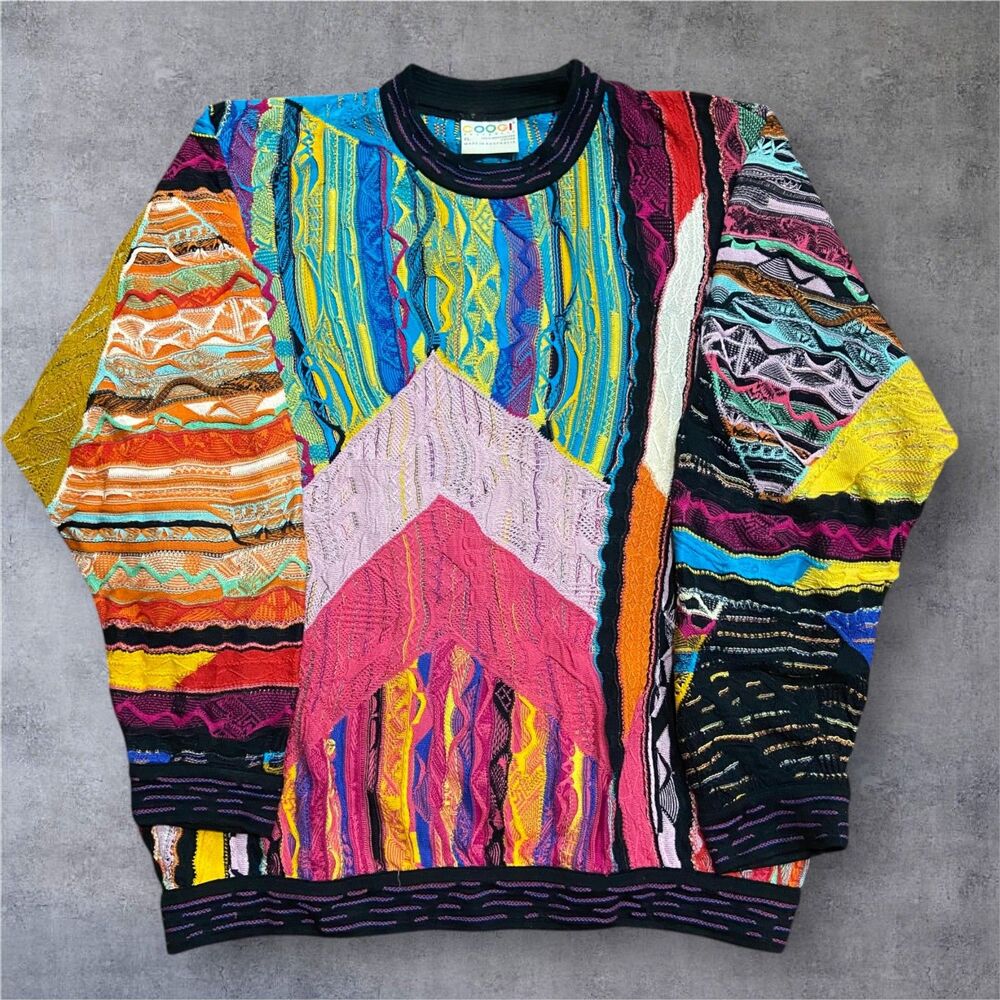 COOGI Australia Vintage Y2K 3D Knit Multicolor Patch Cotton Sweater Mens Size XL